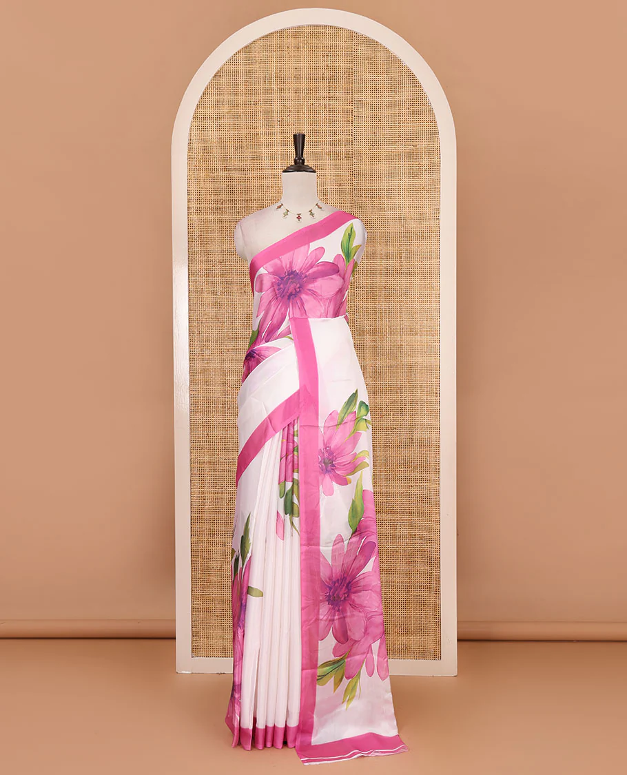 Cream base digital printed satin crepe saree with big baby pink floral motifs all over the saree, plain baby pink border & blouse - Image 2