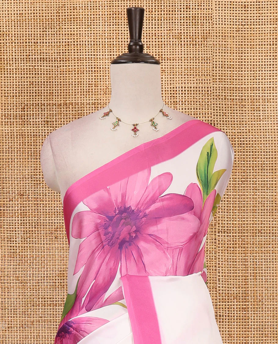 Cream base digital printed satin crepe saree with big baby pink floral motifs all over the saree, plain baby pink border & blouse - Image 3