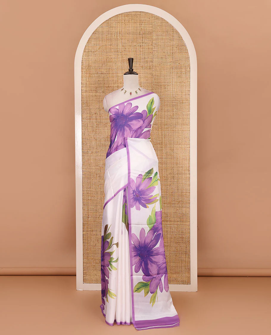 Cream base digital printed satin crepe saree with big lavender floral motifs all over the saree, plain lavender border & blouse - Image 2