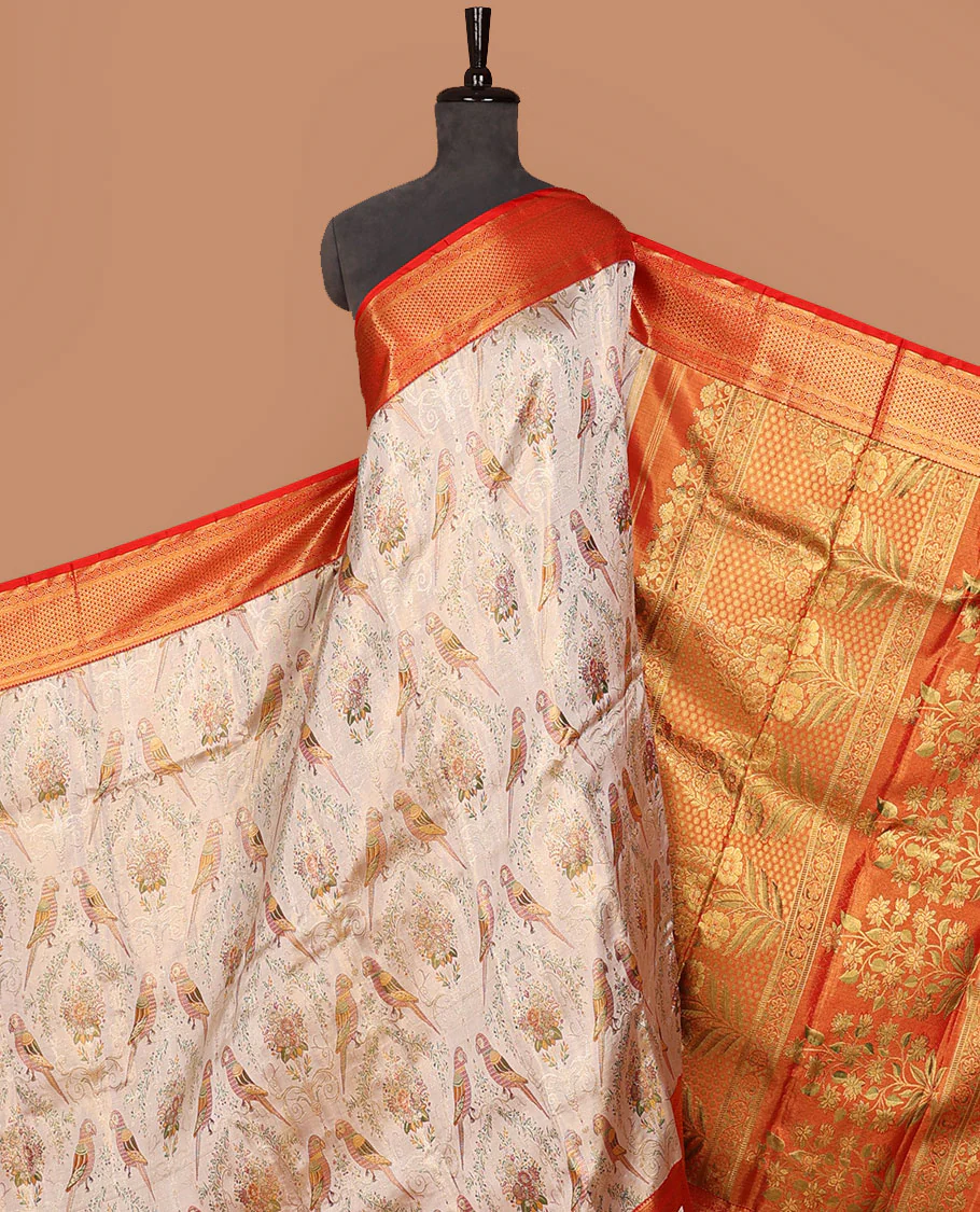 Cream-base flora-fauna Meenakari-jacquard Samudrika silk saree, contrast border of thilakam,muthu,kathir,diamond & ara madaam design & meenakari floral design pallu
