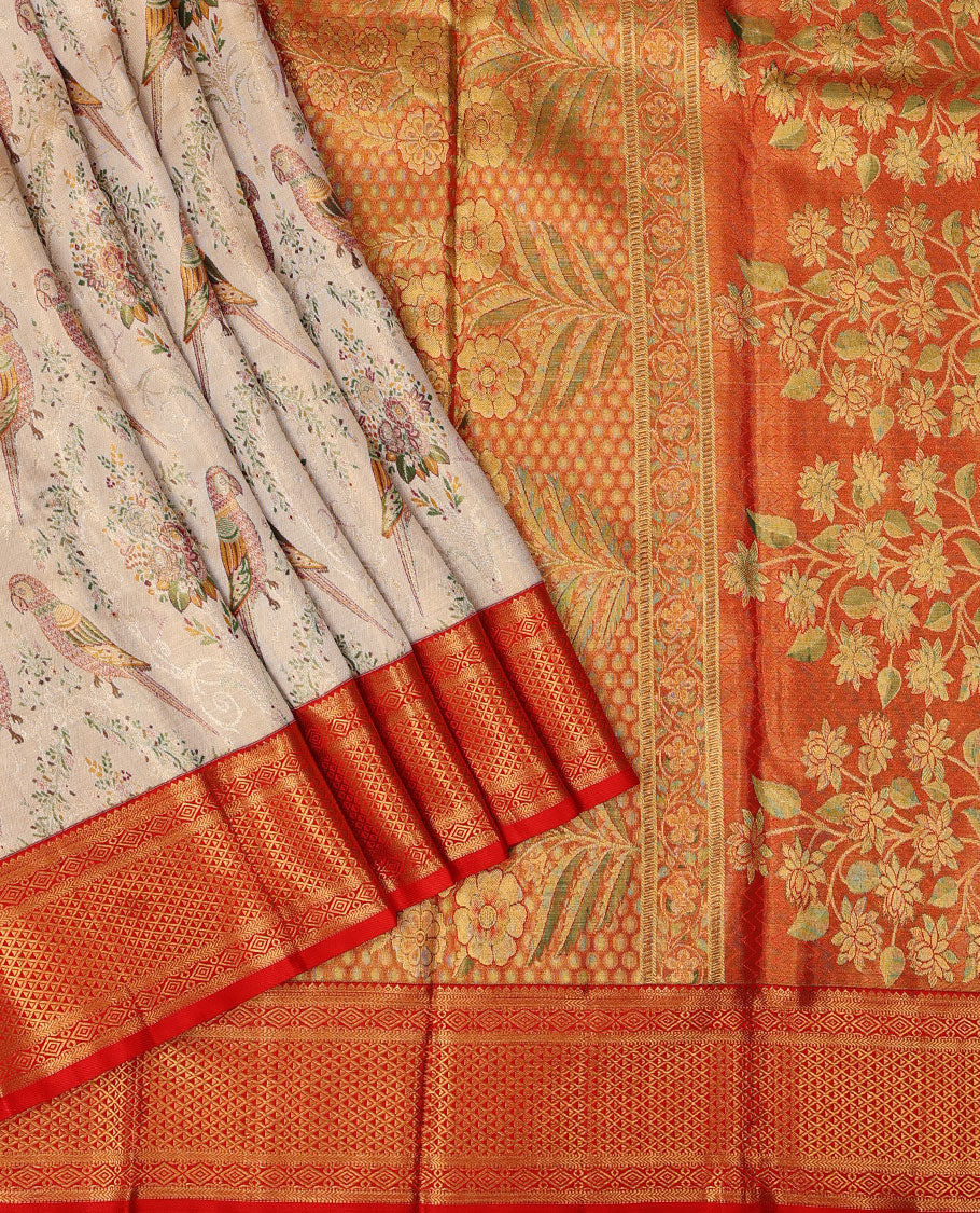 Cream-base flora-fauna Meenakari-jacquard Samudrika silk saree, contrast border of thilakam,muthu,kathir,diamond & ara madaam design & meenakari floral design pallu - Image 2