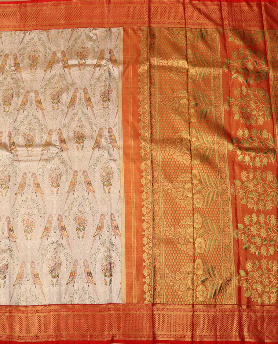 Cream-base flora-fauna Meenakari-jacquard Samudrika silk saree, contrast border of thilakam,muthu,kathir,diamond & ara madaam design & meenakari floral design pallu - Image 3