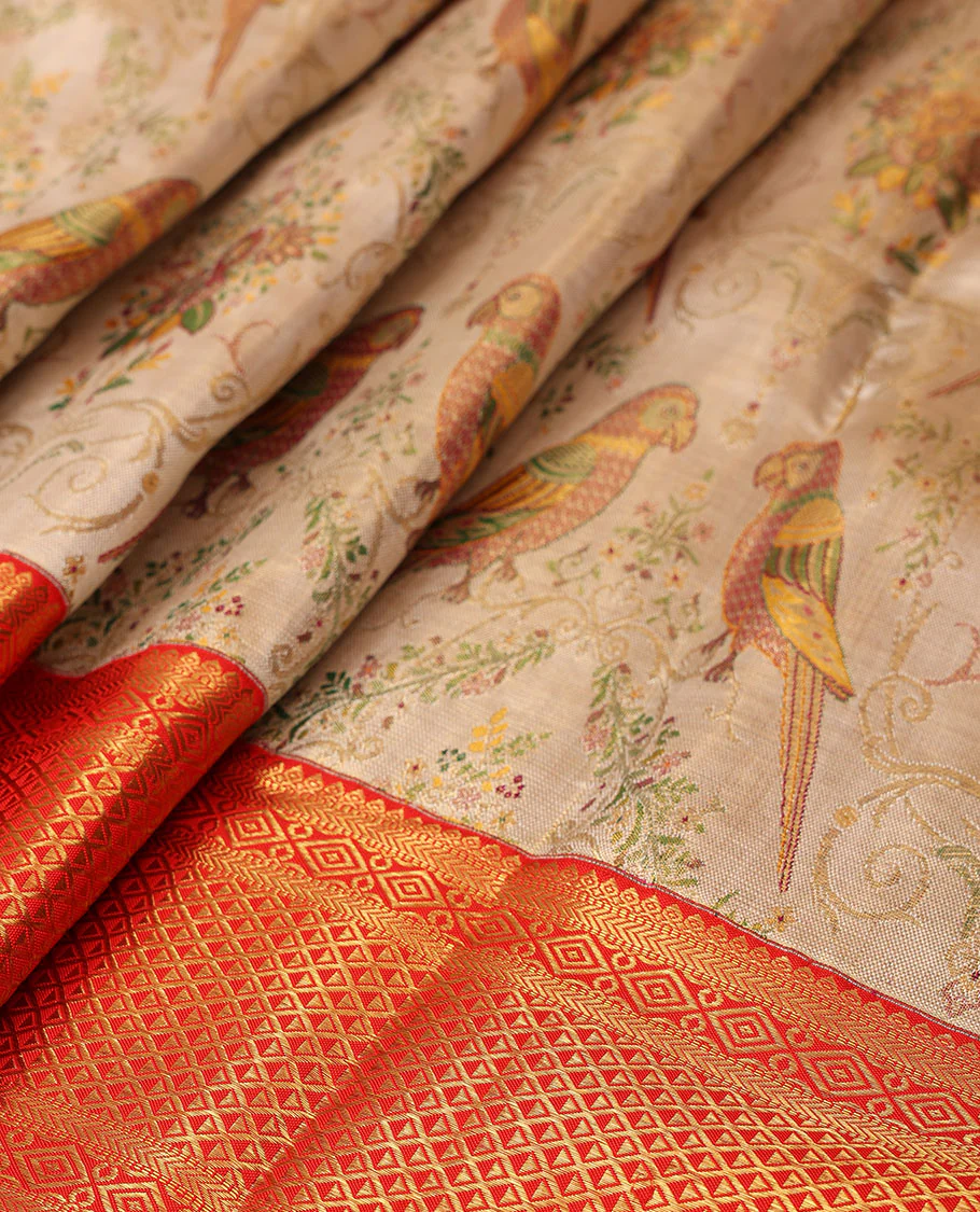 Cream-base flora-fauna Meenakari-jacquard Samudrika silk saree, contrast border of thilakam,muthu,kathir,diamond & ara madaam design & meenakari floral design pallu - Image 4