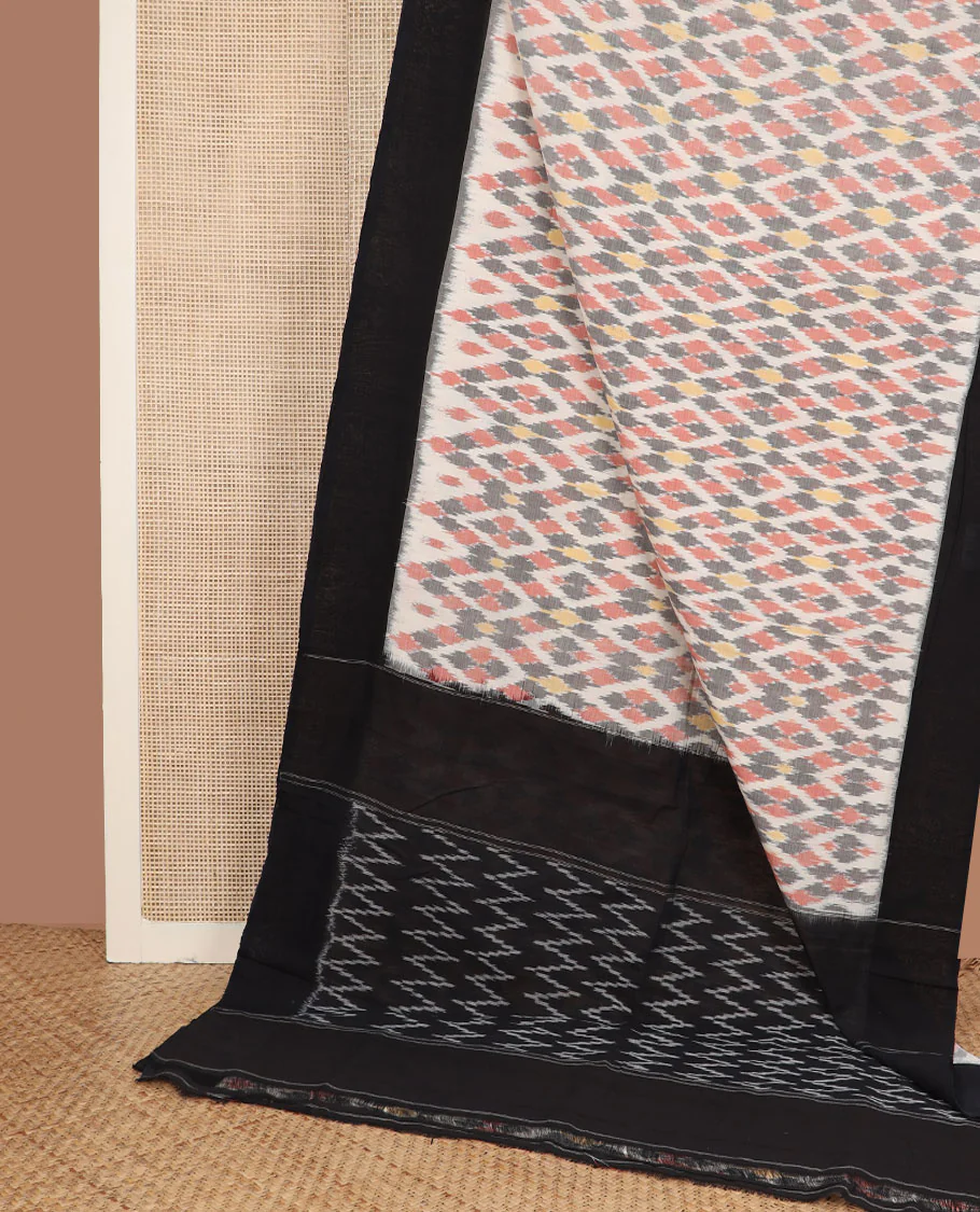 Cream-base multi-color jaal-patterned ikkat cotton saree, contrast plain border & chevron striped pallu - Image 2