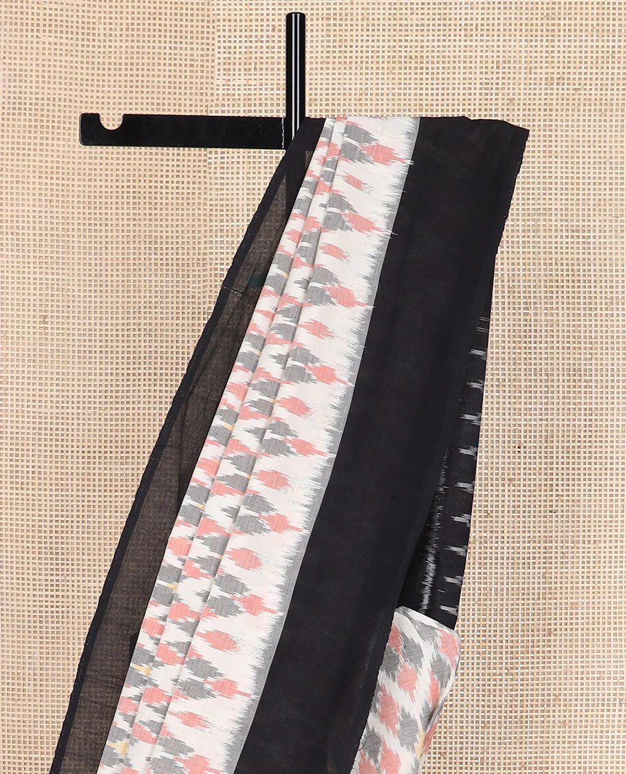 Cream-base multi-color jaal-patterned ikkat cotton saree, contrast plain border & chevron striped pallu - Image 3