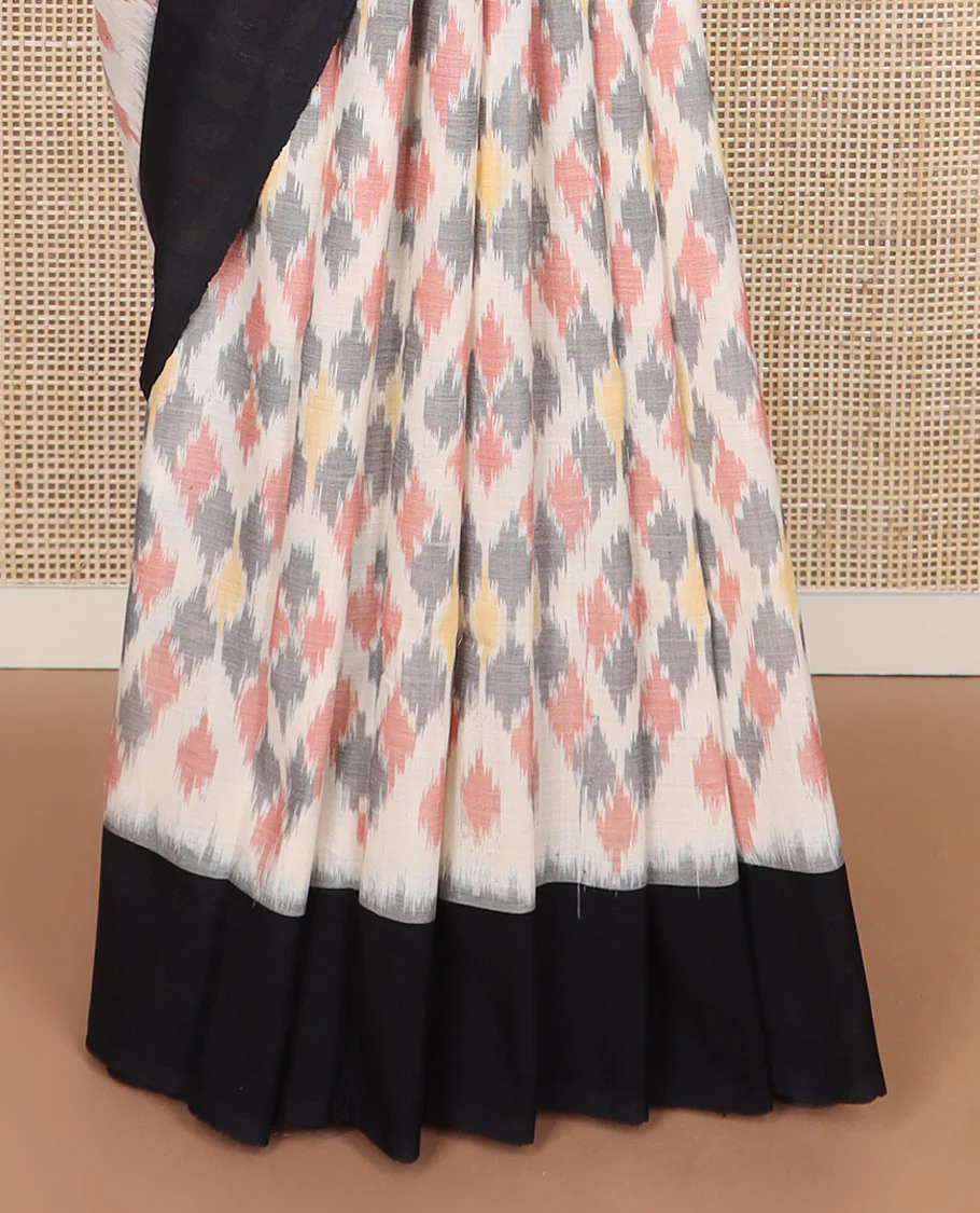 Cream-base multi-color jaal-patterned ikkat cotton saree, contrast plain border & chevron striped pallu - Image 4