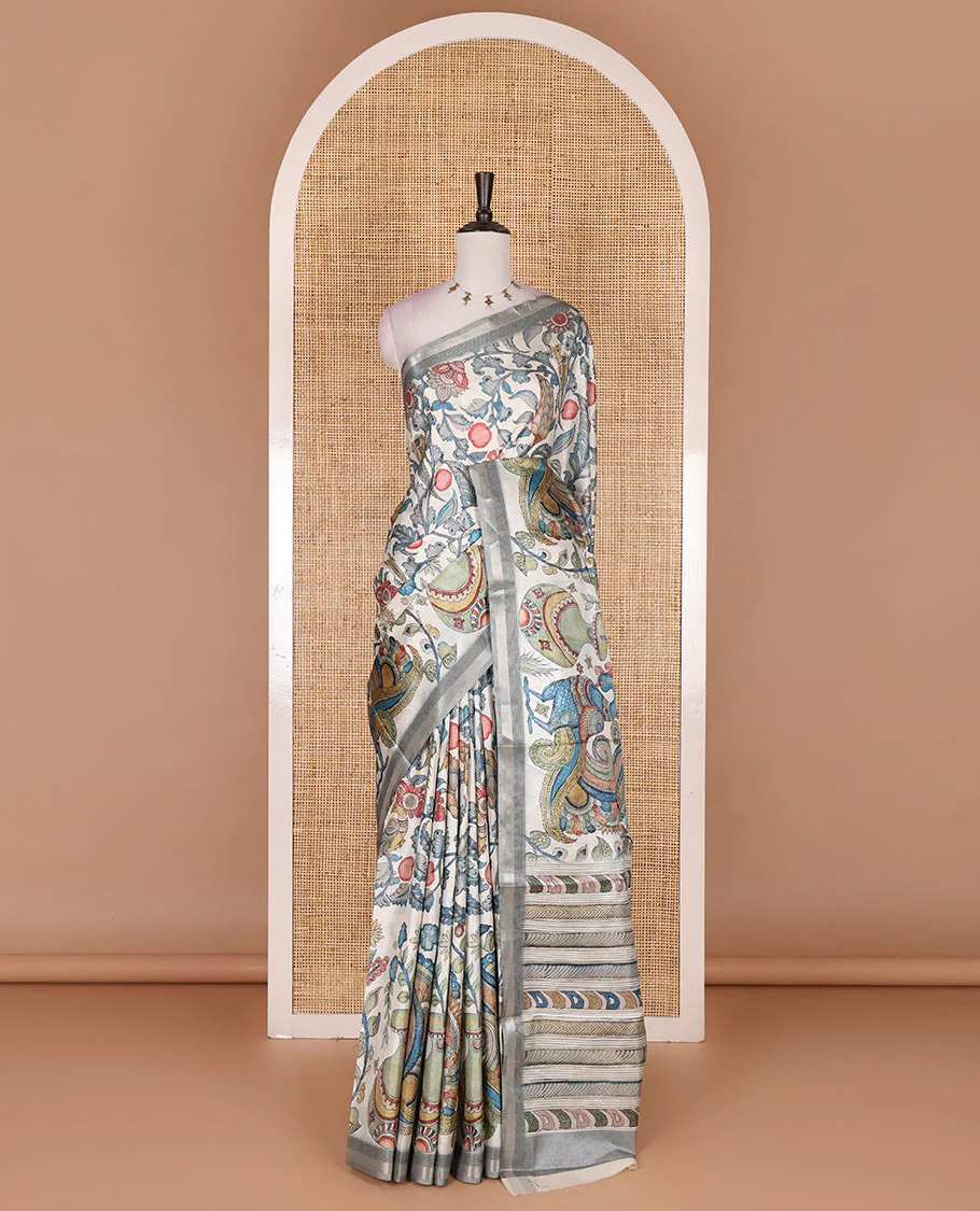 Cream-base multi-color kalamkari floral-vine and peacocks printed semi-tussar saree, gold zari piping border, kalamkari printed pallu, and contrast printed blouse - Image 2