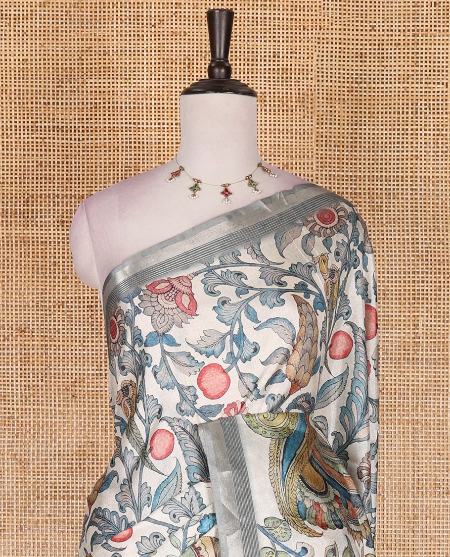 Cream-base multi-color kalamkari floral-vine and peacocks printed semi-tussar saree, gold zari piping border, kalamkari printed pallu, and contrast printed blouse - Image 3