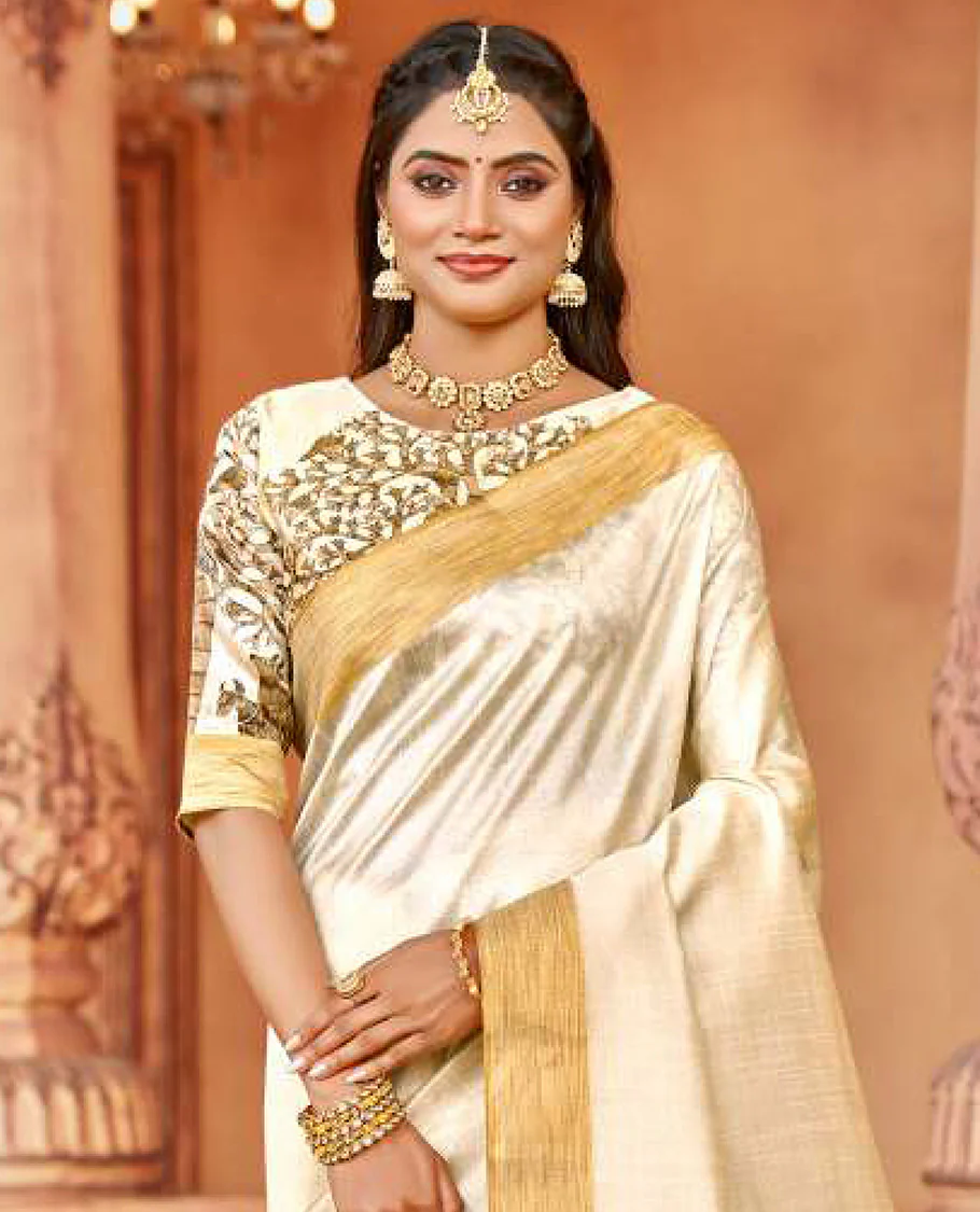 Cream birds on the tree motifs designer catalog saree, bavanji border, and pallu features birds on the tree motif - Image 2