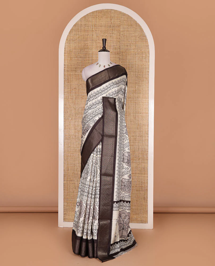 Cream-black flora, fauna, and geometric madhubani printed soft tussar saree, contrast zari border, peacock print pallu, and printed blouse - Image 2
