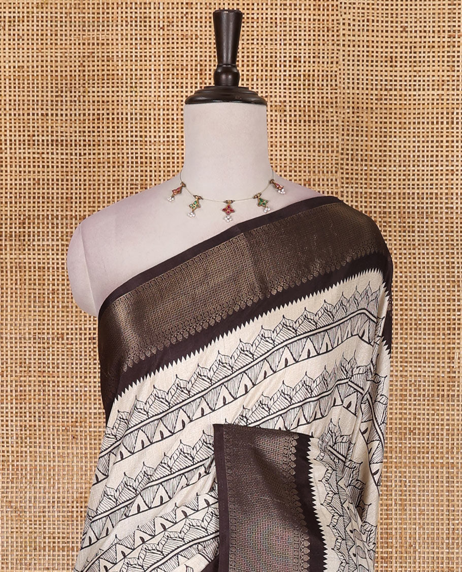 Cream-black flora, fauna, and geometric madhubani printed soft tussar saree, contrast zari border, peacock print pallu, and printed blouse - Image 3
