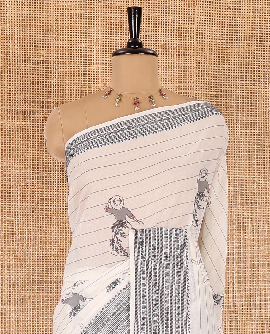 Cream-black horizontal striped and girl motifs printed Mangalagiri cotton saree, traditional motifs woven border, printed pallu, and a contrast blouse - Image 3