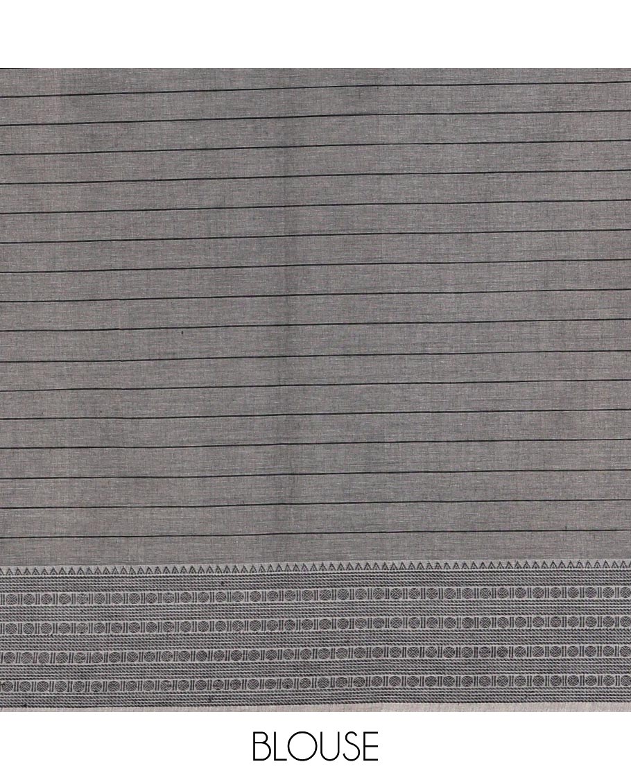 Cream-black horizontal striped and girl motifs printed Mangalagiri cotton saree, traditional motifs woven border, printed pallu, and a contrast blouse - Image 4