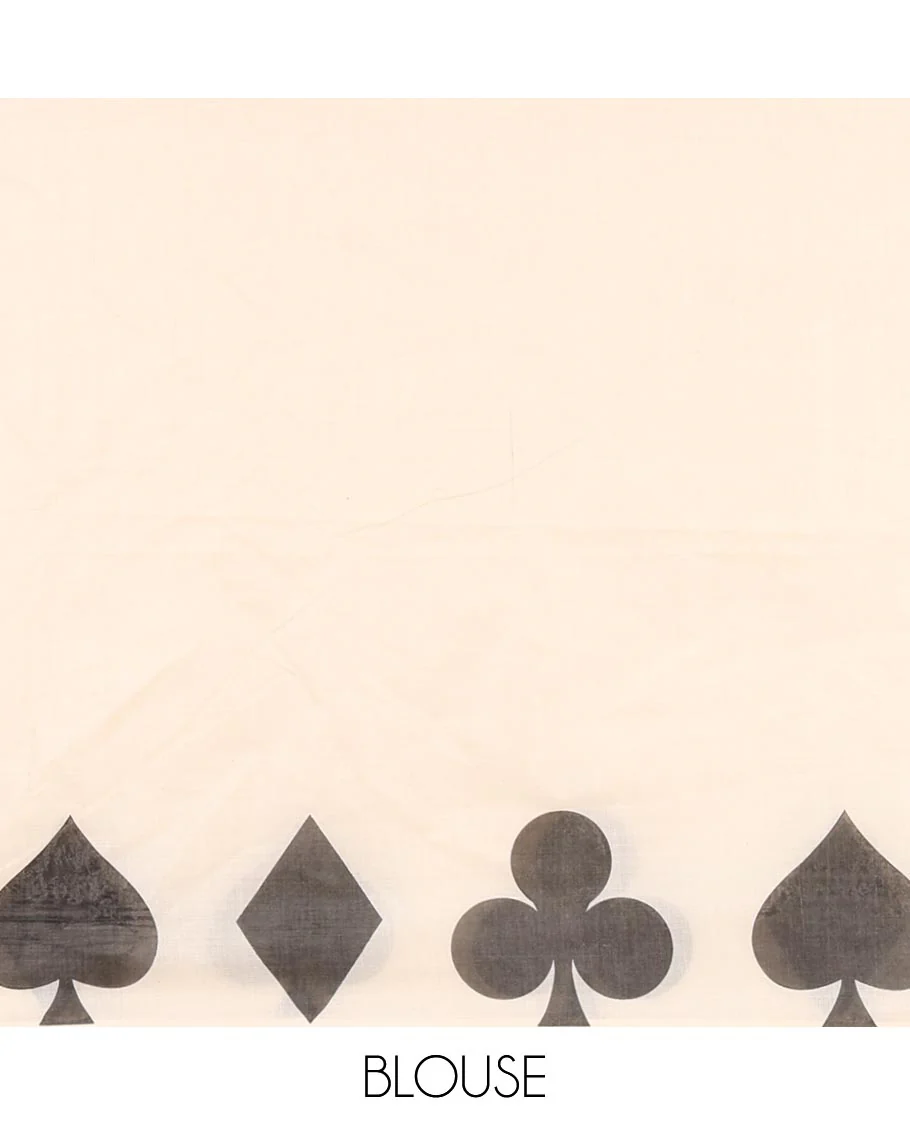 Cream-black plain Kerala cotton saree, contrast color cards-theme printed border of Diamonds, Clubs, and Spades, leheriya-striped pallu, and plain blouse - Image 4