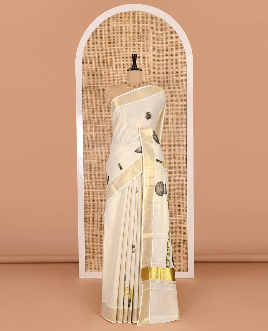 Cream-black Pongal-festive theme block printed Kerala cotton saree, pongal pot printed body, bavanji border, and Pongal theme block print pallu, and a matching blouse - Image 2