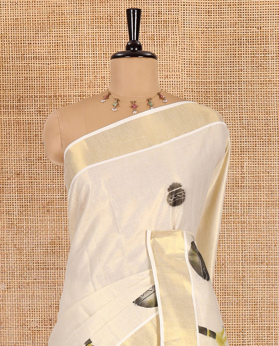 Cream-black Pongal-festive theme block printed Kerala cotton saree, pongal pot printed body, bavanji border, and Pongal theme block print pallu, and a matching blouse - Image 3