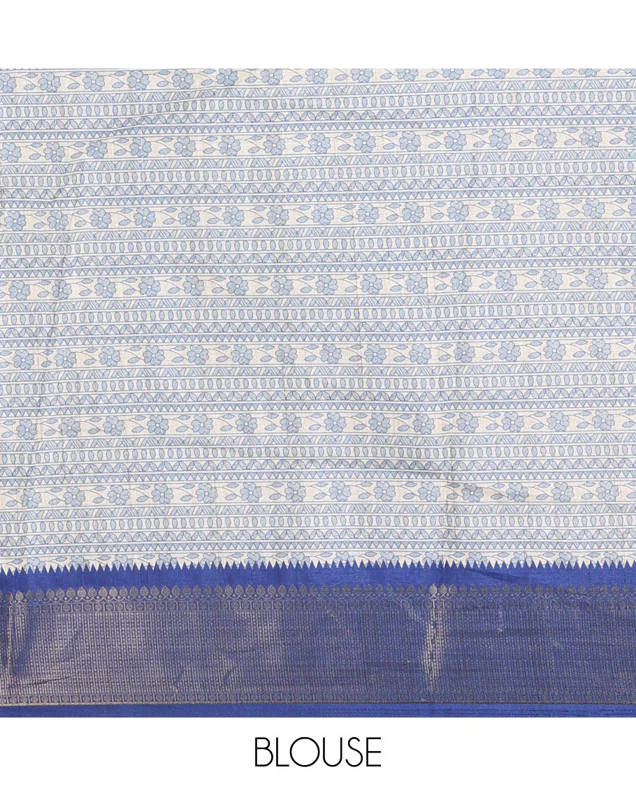 Cream-blue flora, fauna, and geometric madhubani printed soft tussar saree, contrast zari border, peacock print pallu, and printed blouse - Image 4