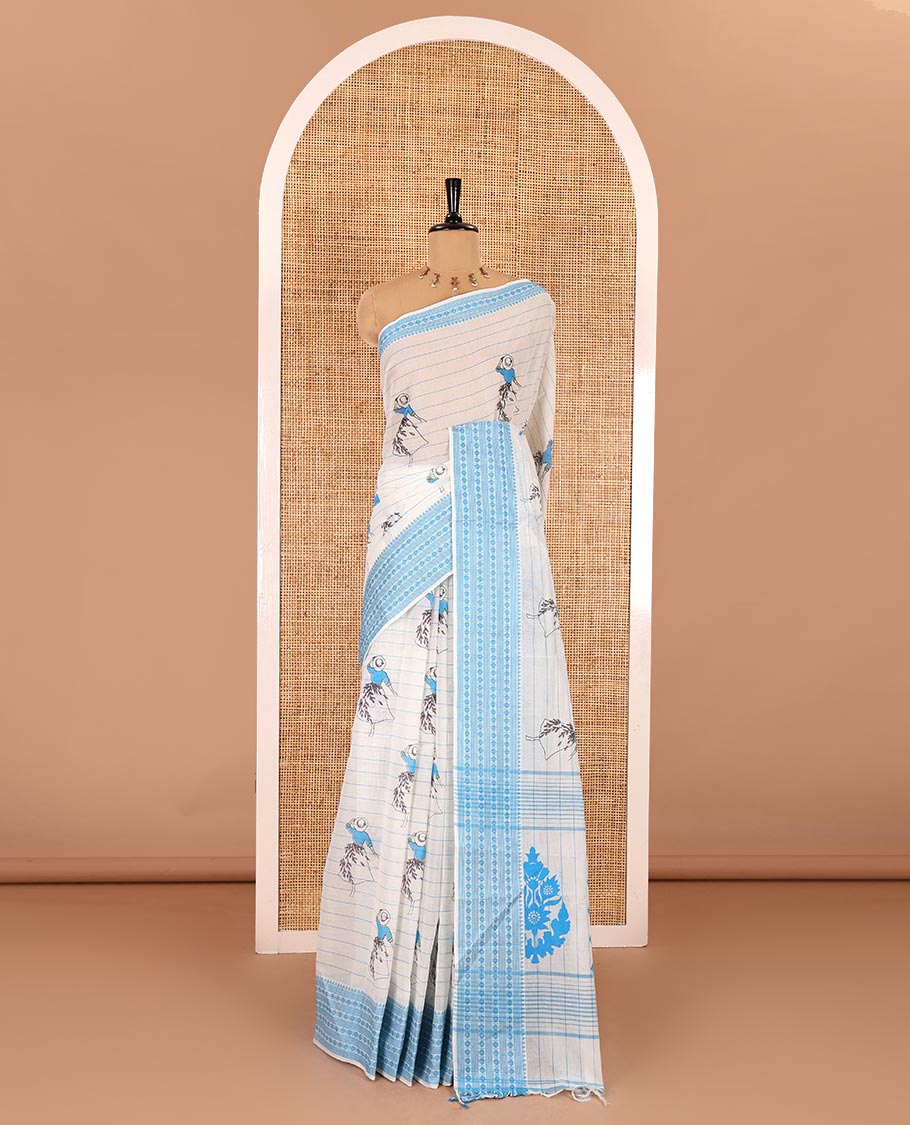 Cream-blue horizontal striped and girl motifs printed Mangalagiri cotton saree, traditional motifs woven border, printed pallu, and a contrast blouse - Image 2