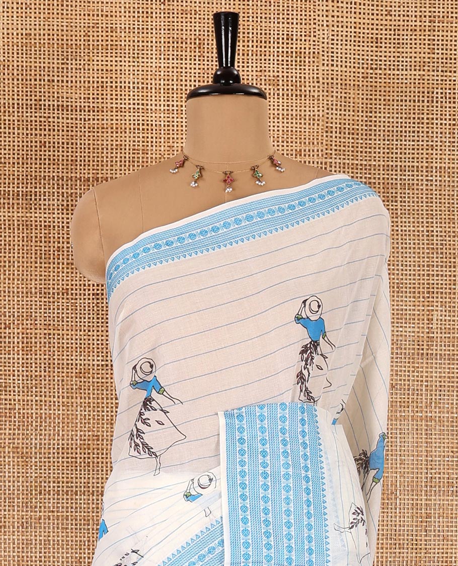 Cream-blue horizontal striped and girl motifs printed Mangalagiri cotton saree, traditional motifs woven border, printed pallu, and a contrast blouse - Image 3