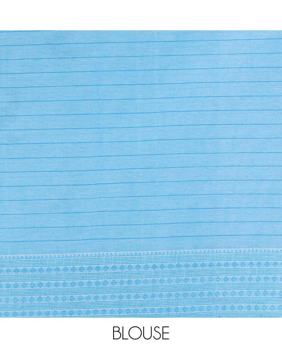 Cream-blue horizontal striped and girl motifs printed Mangalagiri cotton saree, traditional motifs woven border, printed pallu, and a contrast blouse - Image 4