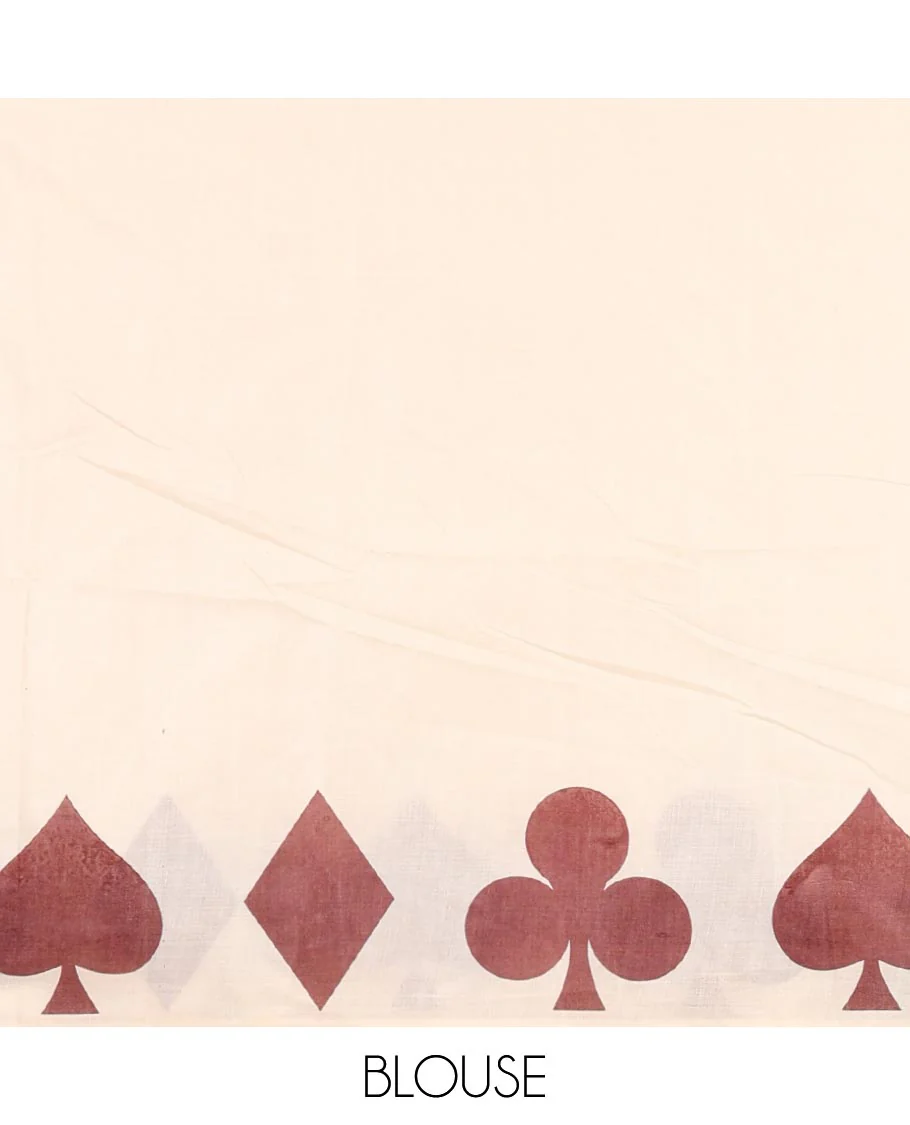 Cream-brown plain Kerala cotton saree, contrast color cards-theme printed border of Diamonds, Clubs, and Spades, leheriya-striped pallu, and plain blouse - Image 4