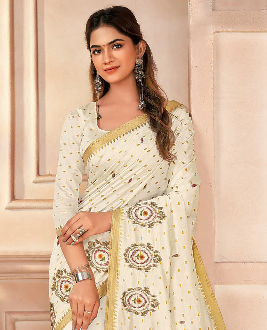 Cream buttas and embroidered designer saree, temple border, and pallu of stripes - Image 2