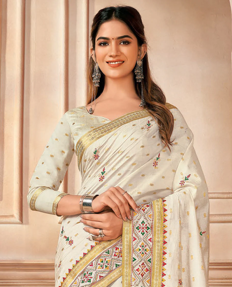 Cream buttas and floral embroidered designer saree, traditional motifs and embroidered border, and pallu of stripes and buttas - Image 2