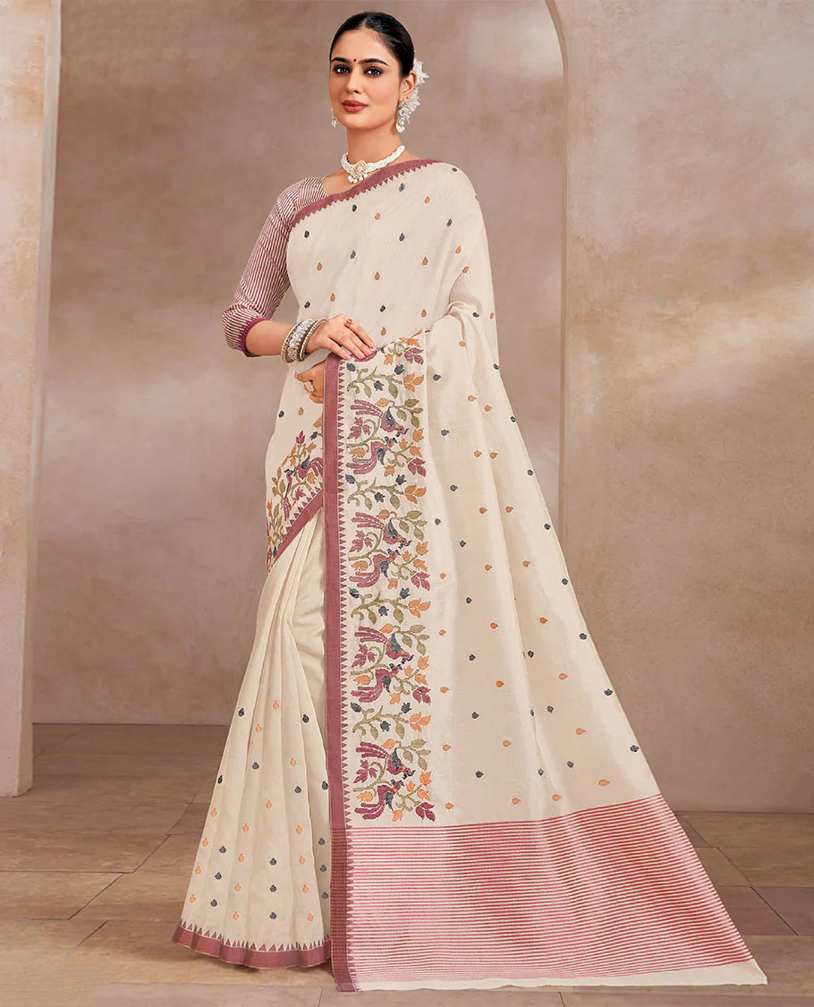 Cream buttas and jamdani floral vine and bird embroidered designer saree, temple border, and striped pallu
