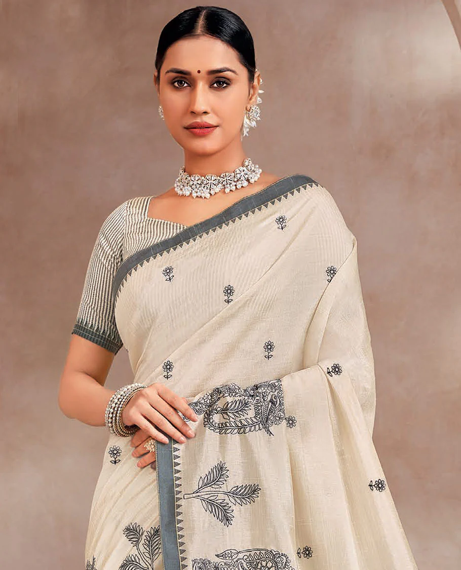 Cream buttas designer saree, elepjhant motifs border, and striped pallu - Image 2