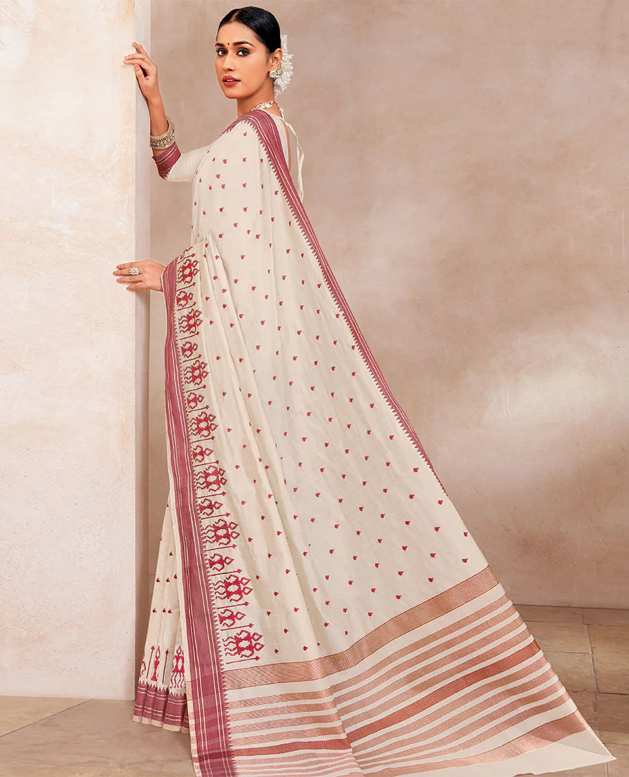 Cream buttas embroidered designer saree with warli motifs embroidery, contrast temple border and striped pallu