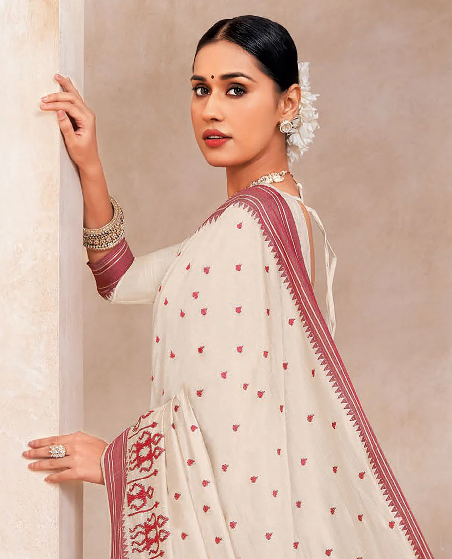 Cream buttas embroidered designer saree with warli motifs embroidery, contrast temple border and striped pallu - Image 2