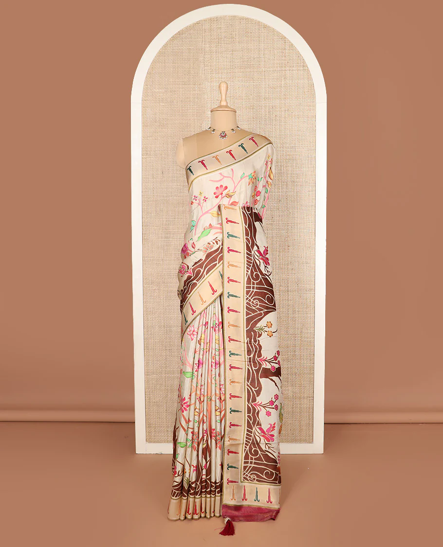 Cream colorful floral vine printed dola silk saree, muniya border, and tropical floral printed pallu - Image 2