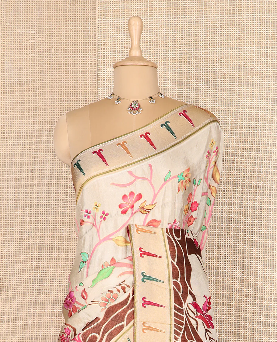 Cream colorful floral vine printed dola silk saree, muniya border, and tropical floral printed pallu - Image 3