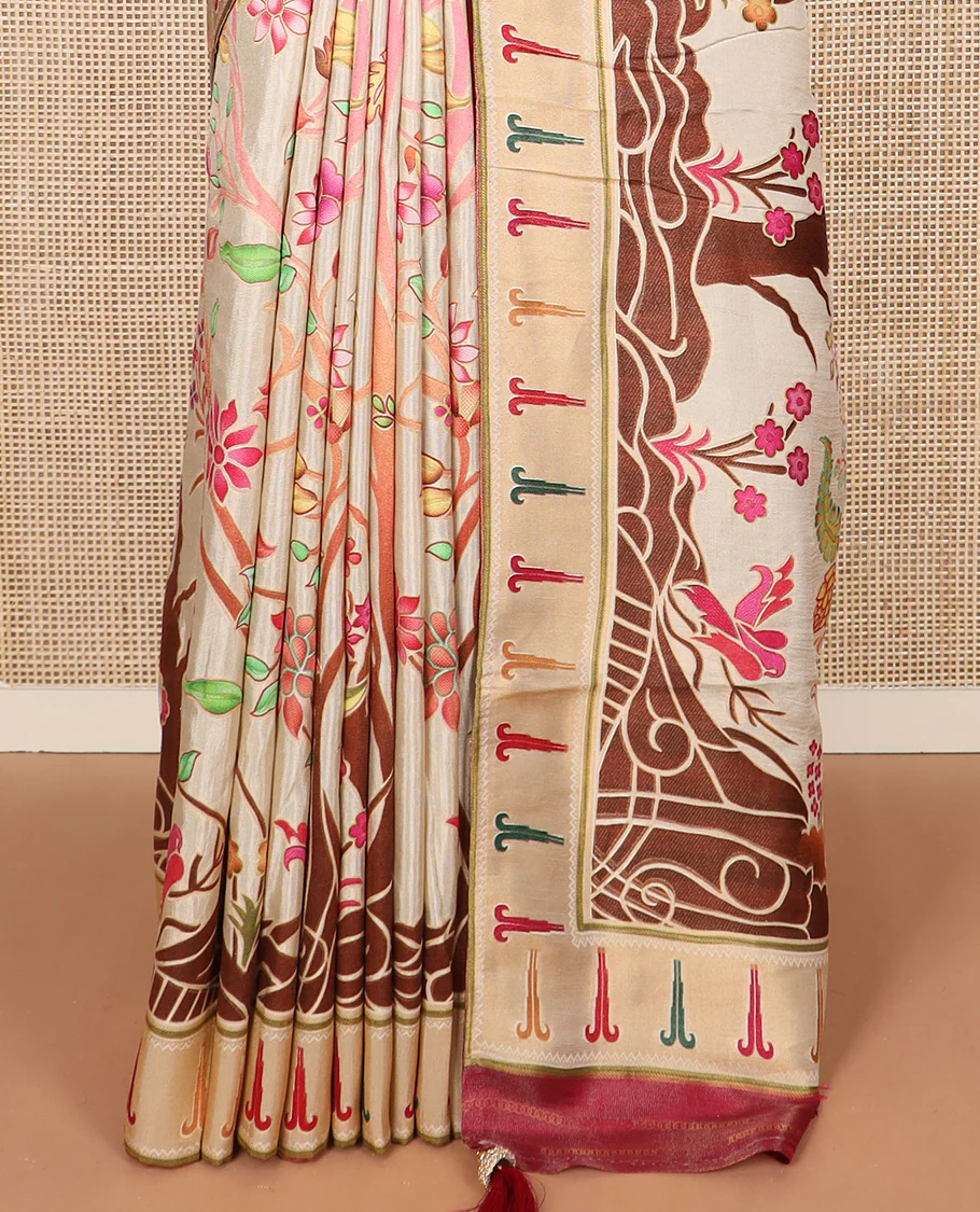 Cream colorful floral vine printed dola silk saree, muniya border, and tropical floral printed pallu - Image 4