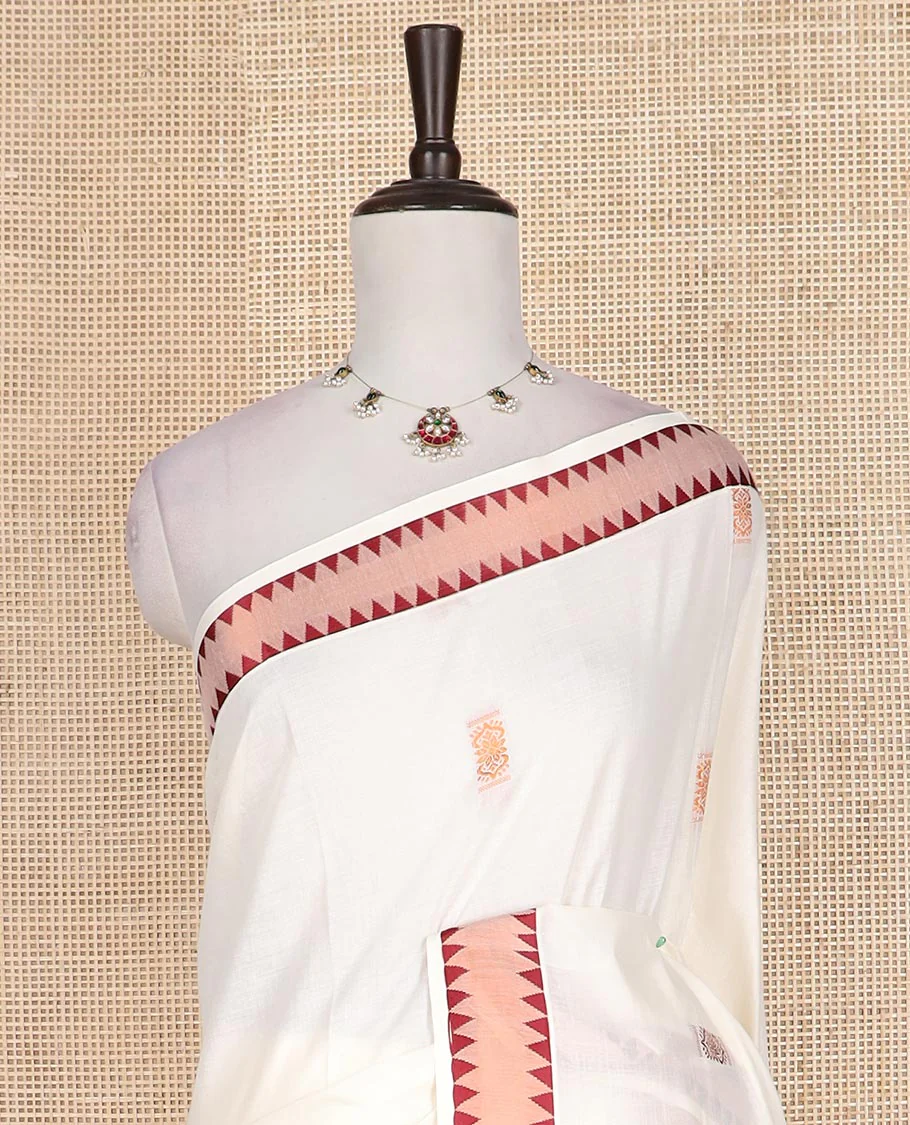 Cream copper zari buttas Kerala cotton saree, zari temple border, and pallu of intricate zari designs - Image 3