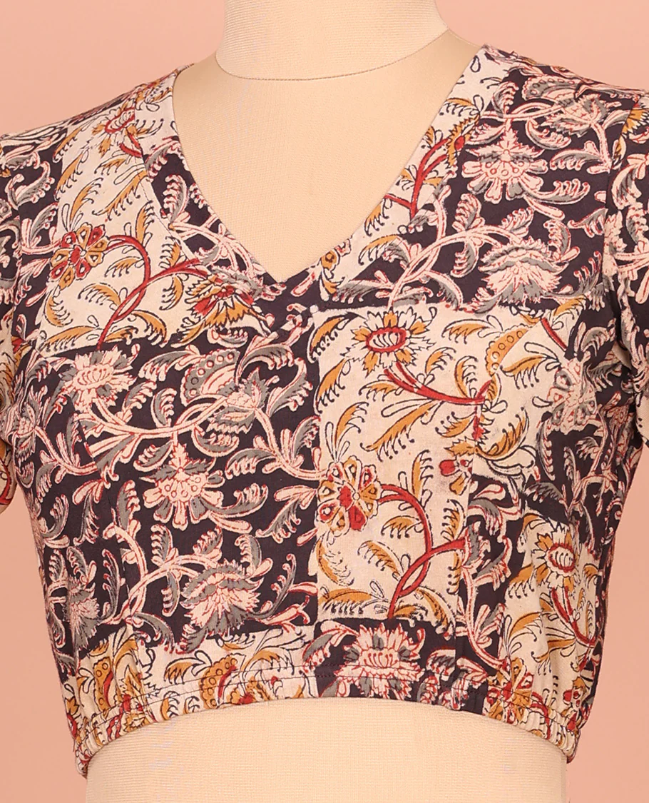 Cream Cotton Readymade Blouse Prettified with All-Over Floral Motifs Print, Front V-Neck, Back Closed Neck, and Elbow Sleeves - Image 2