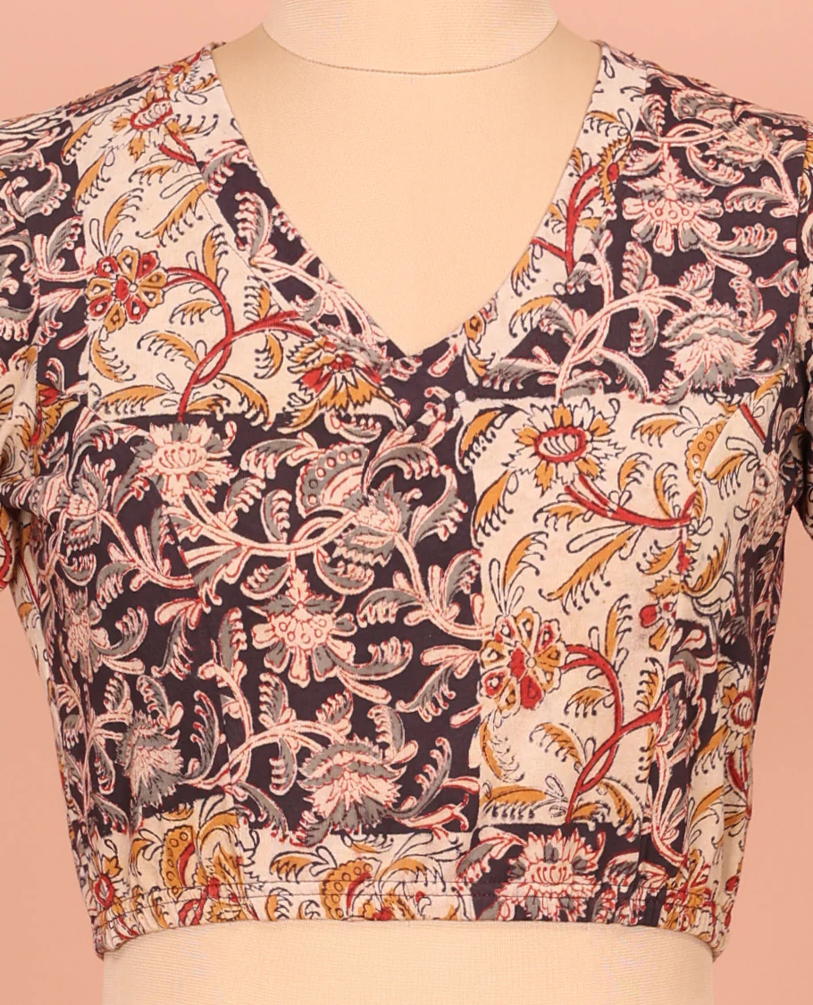 Cream Cotton Readymade Blouse Prettified with All-Over Floral Motifs Print, Front V-Neck, Back Closed Neck, and Elbow Sleeves - Image 3