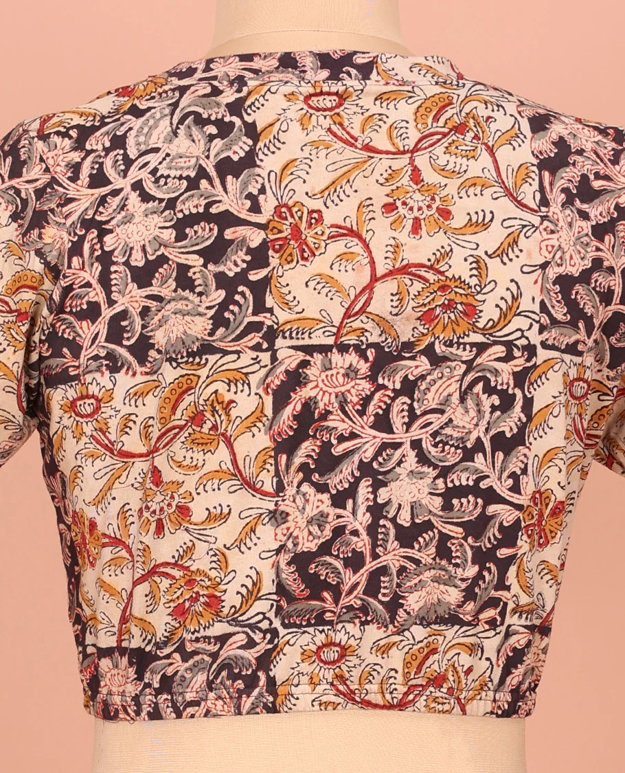 Cream Cotton Readymade Blouse Prettified with All-Over Floral Motifs Print, Front V-Neck, Back Closed Neck, and Elbow Sleeves - Image 4