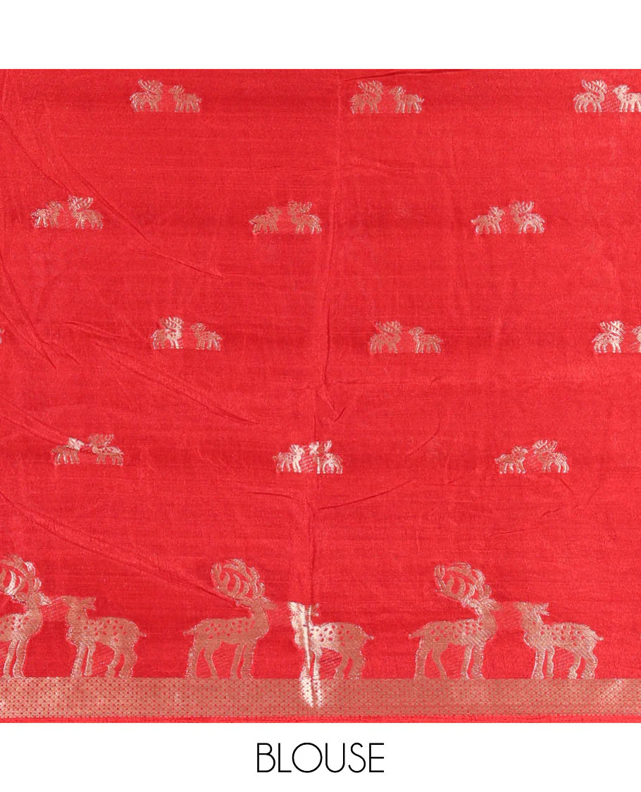 Cream deer zari motifs dola silk saree, contrast red-yellow ganga jamuna deer motifs zari woven border, paisley-diamond printed pallu, and a contrast deer motifs blouse - Image 3