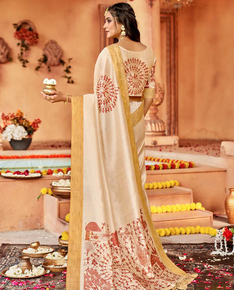 Cream designer catalog saree features warli village-theme characters, bavanji border, and warli village-themed pallu