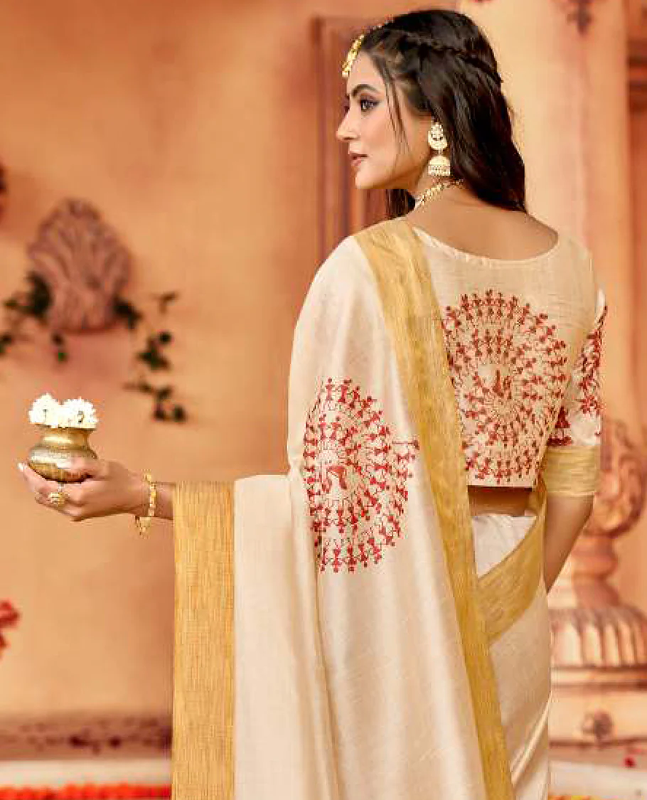 Cream designer catalog saree features warli village-theme characters, bavanji border, and warli village-themed pallu - Image 2