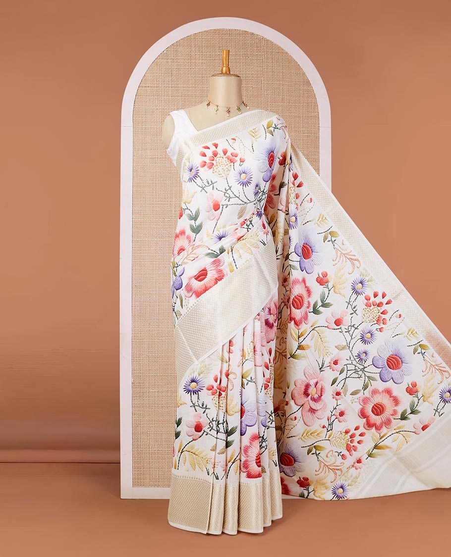 Cream digital printed chiniya silk saree with colorful floral motifs, traditional zari border & zari pallu - Image 2