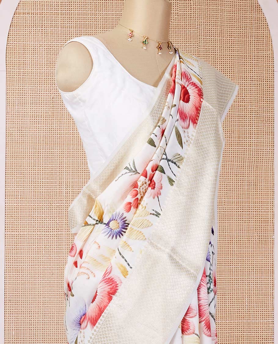 Cream digital printed chiniya silk saree with colorful floral motifs, traditional zari border & zari pallu - Image 3