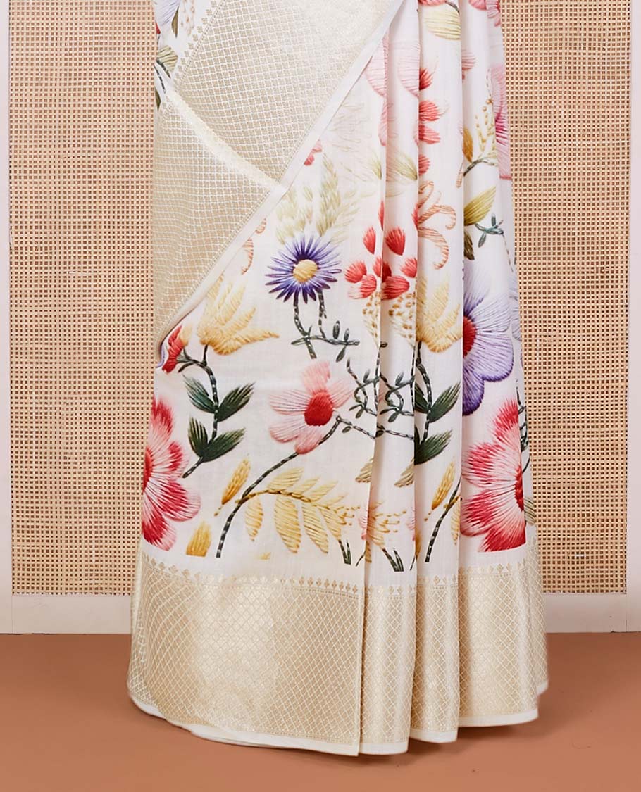Cream digital printed chiniya silk saree with colorful floral motifs, traditional zari border & zari pallu - Image 4