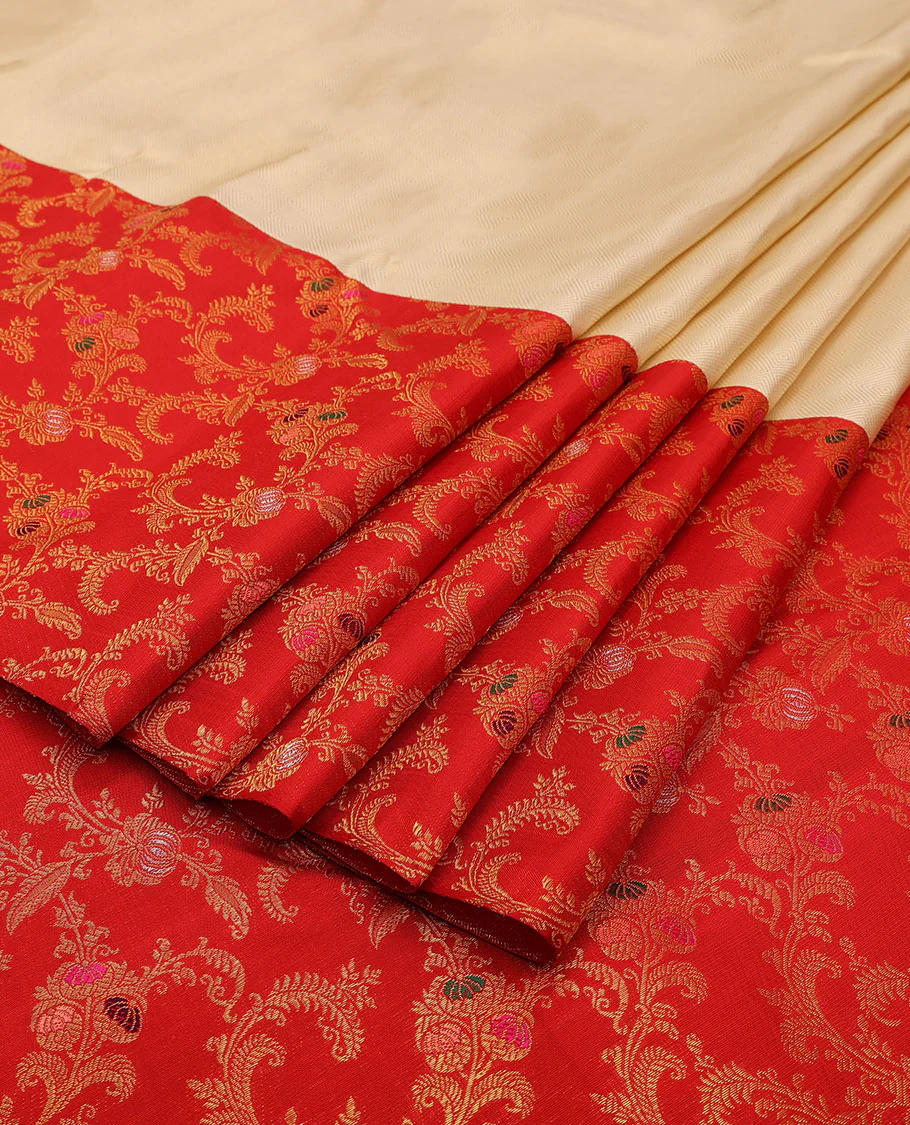Cream embossed Samudrika silk saree, contrast red border & pallu features meenakari resham thread woven floral jaal design - Image 6