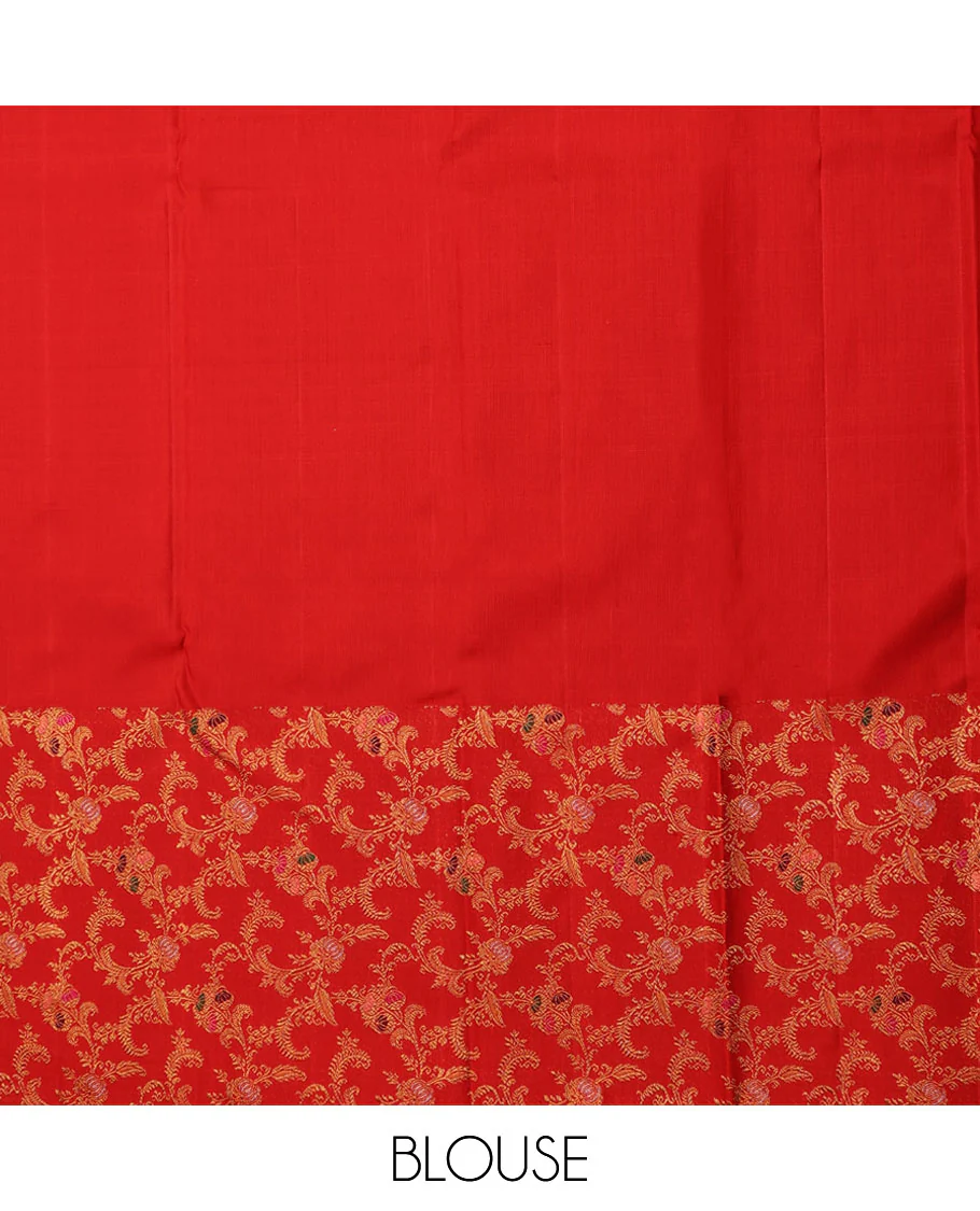 Cream embossed Samudrika silk saree, contrast red border & pallu features meenakari resham thread woven floral jaal design - Image 7