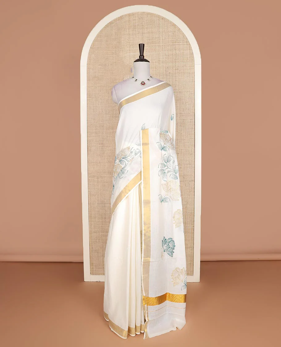 Cream floral, and paisley embroidered Kerala cotton saree, zari border, and floral, and paisley embroidered pallu - Image 2