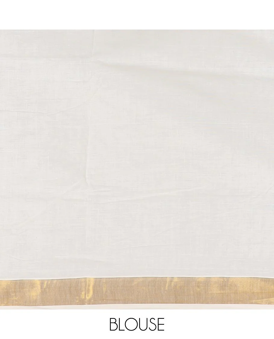 Cream floral, and paisley embroidered Kerala cotton saree, zari border, and floral, and paisley embroidered pallu - Image 4