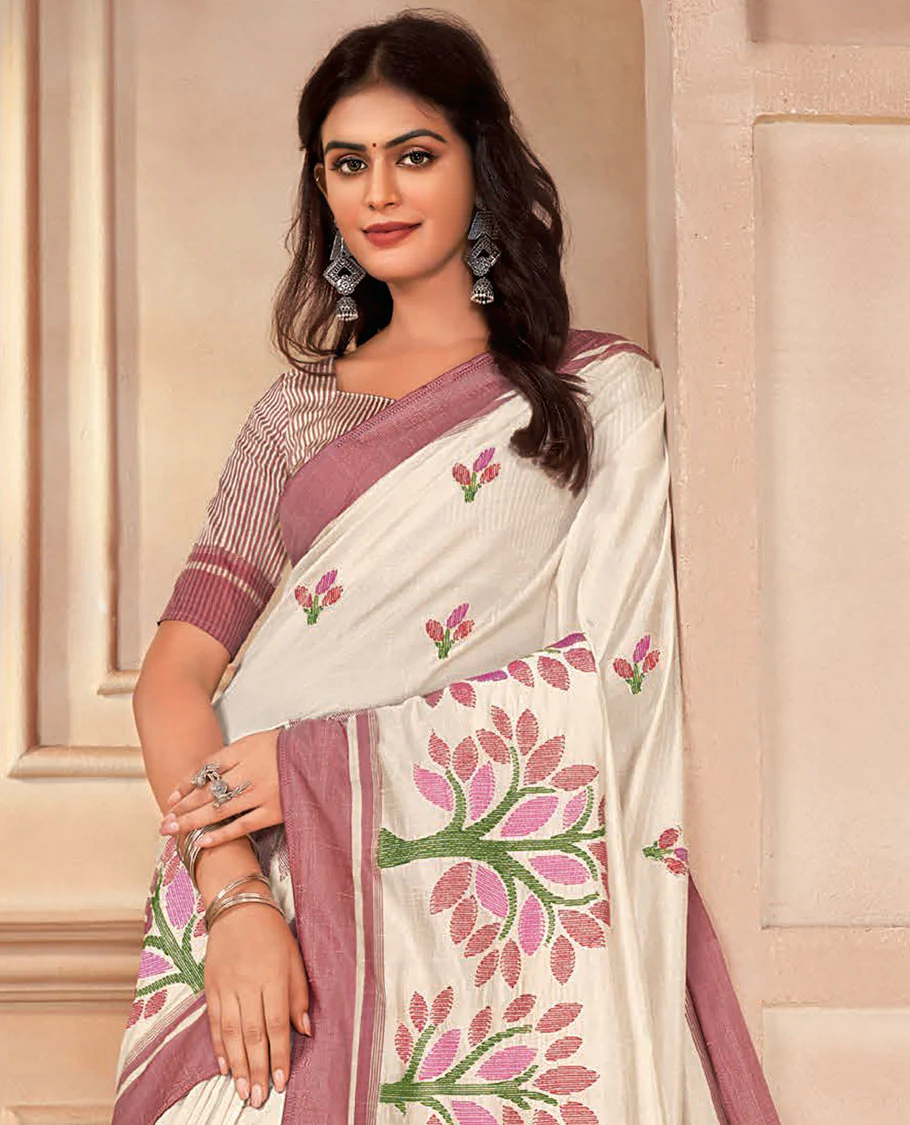 Cream floral and tree motifs embroidered designer saree, contrast plain border, and pallu of stripes - Image 2