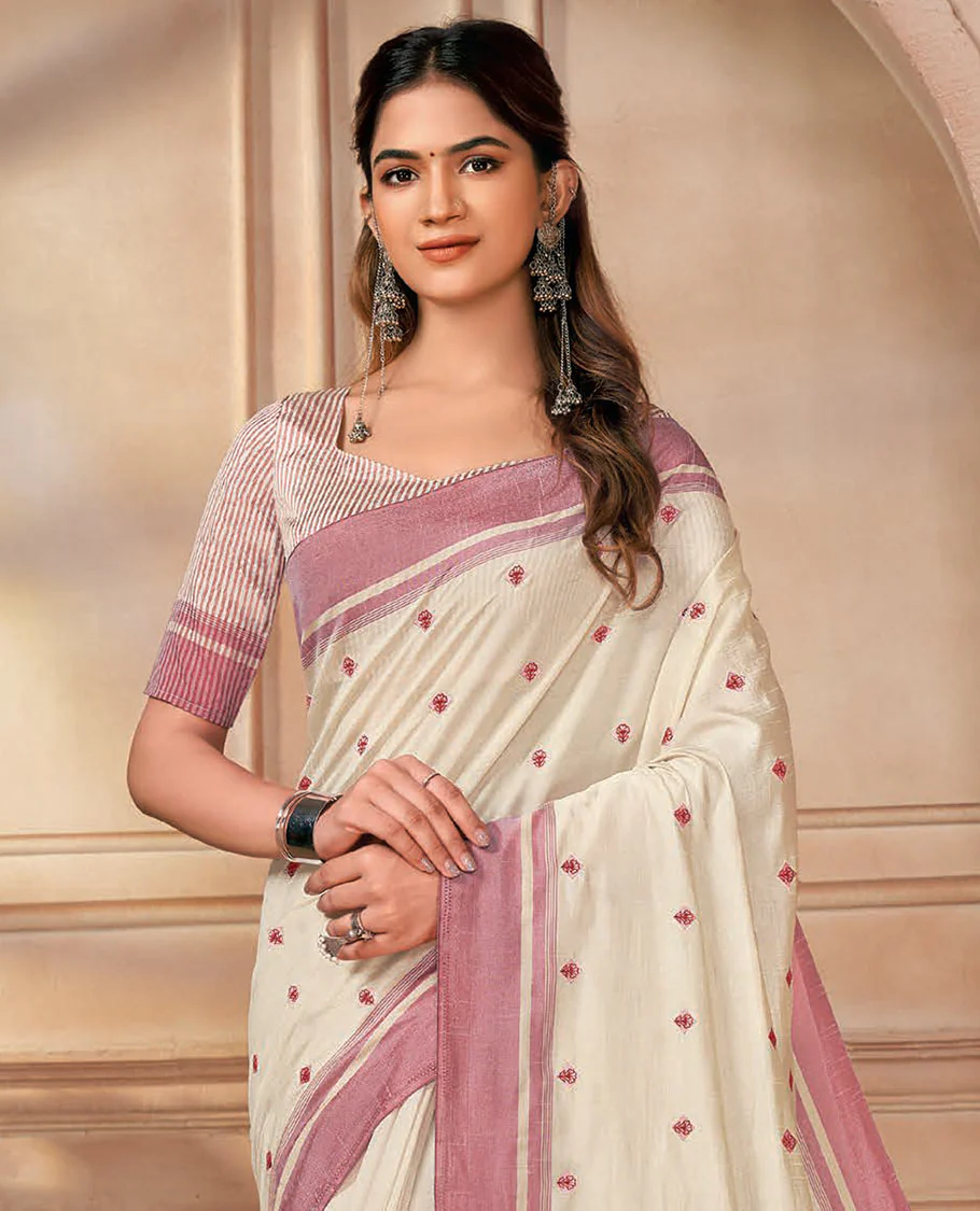 Cream floral embroidered designer saree, contrast border, and striped pallu - Image 2